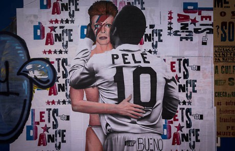 David Bowie and Pelé share an embrace on the streets of São Paulo